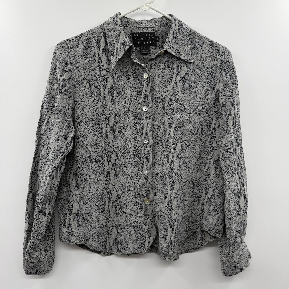 Spenser Jeremy petites‎ Sheer Silk snakeskin long sleeve blouse button up PM